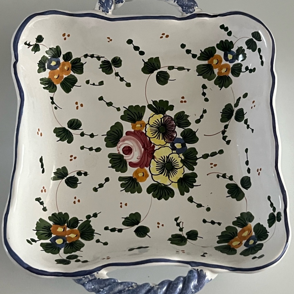 Floral Square Ceramic Dish with Blue Handles